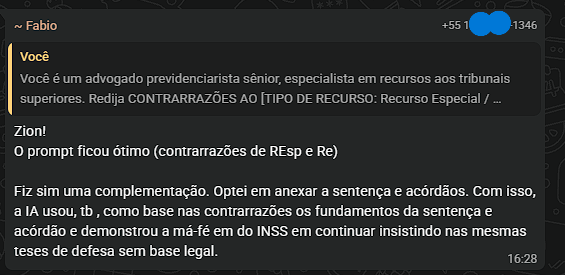 Advogado relata que o prompt de contrarrazões a REsp e RE ficou ótimo